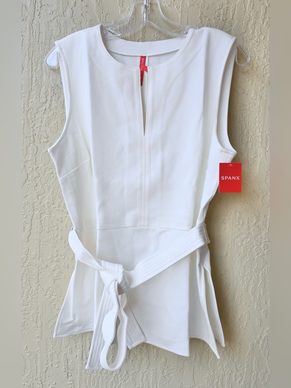 SPANX Ponte White Sleeveless Belted Peplum Top